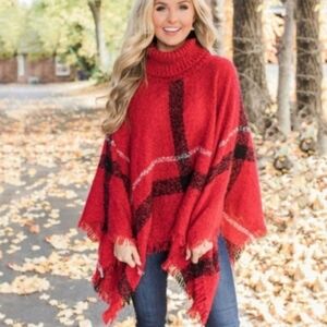 Plaid Turtleneck Poncho Cape Shawl Wrap Coverup w Fringed Hem One Size